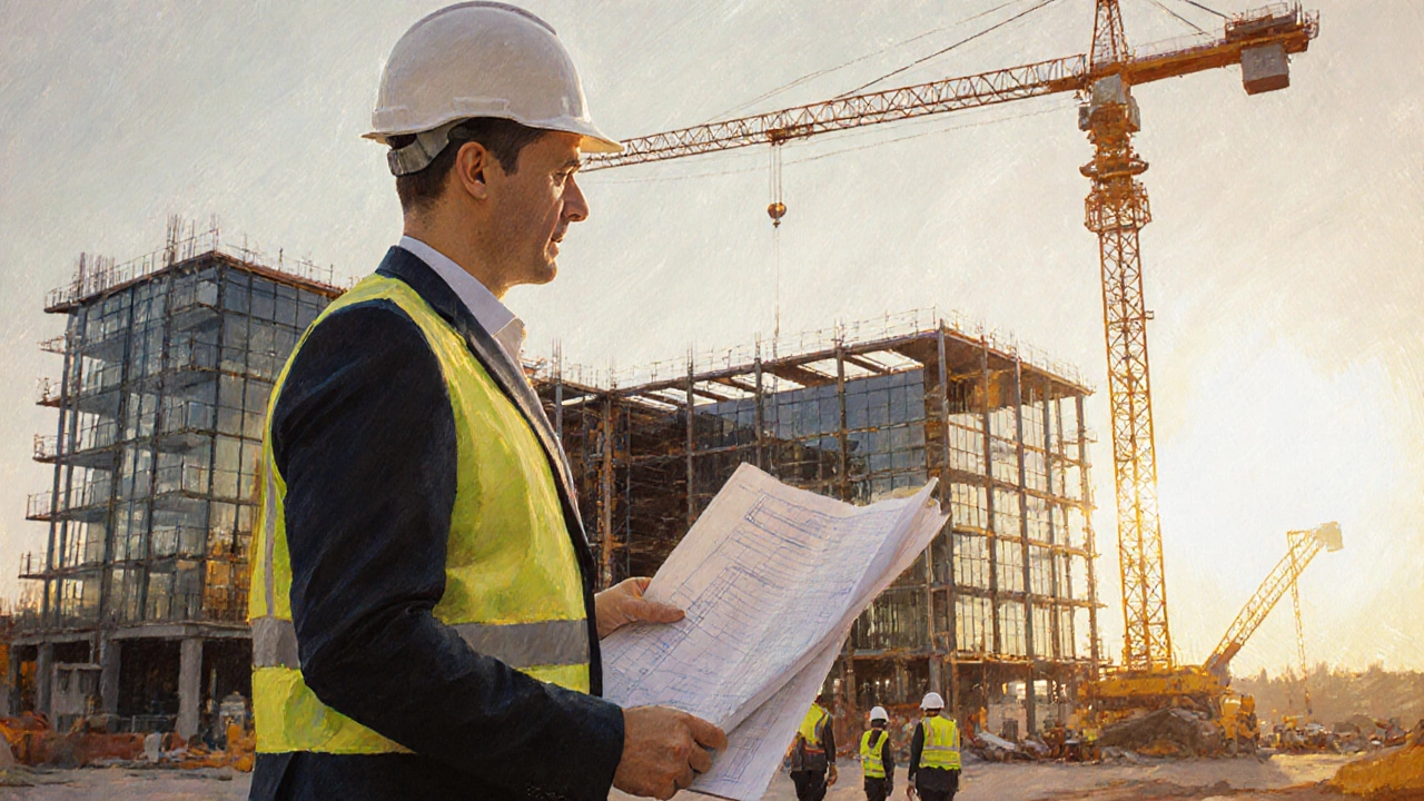 Architect in hard hat reviewing documents on a construction site with a partially built building.