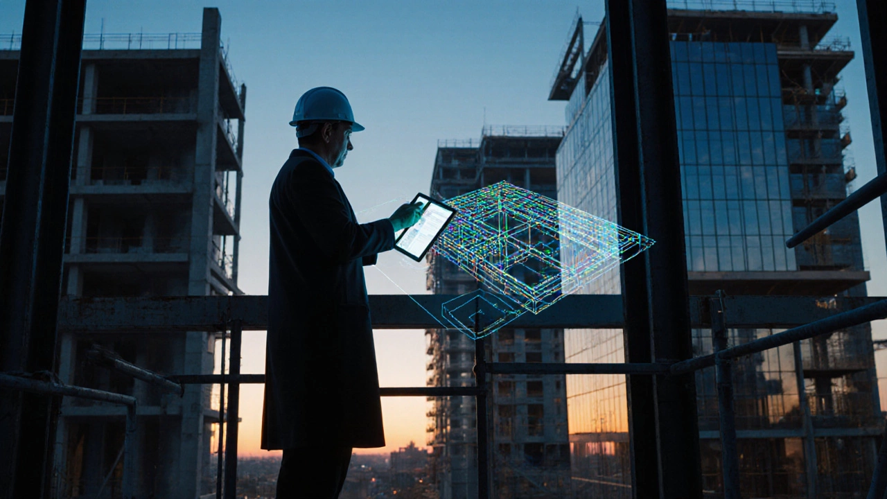 Architect on a construction site reviewing a BIM model on a tablet at sunset.