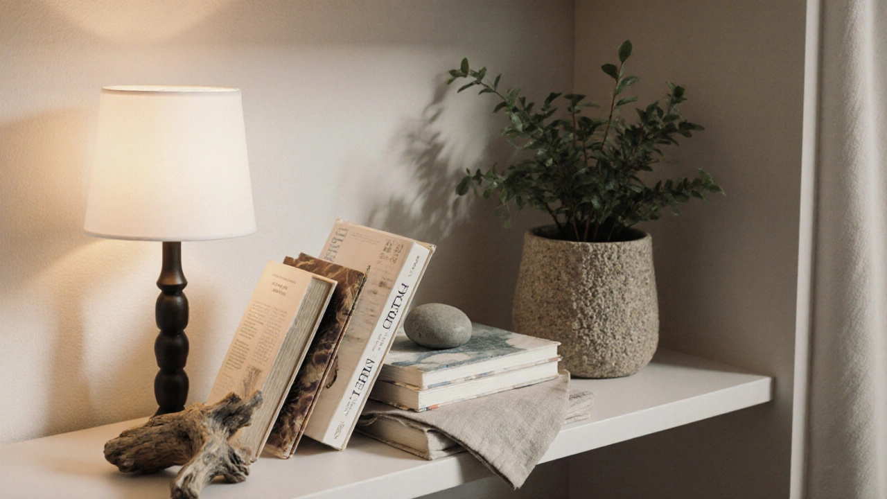 Art books stacked horizontally with a river stone and linen napkin, lit by ambient lamp light on a textured wall.