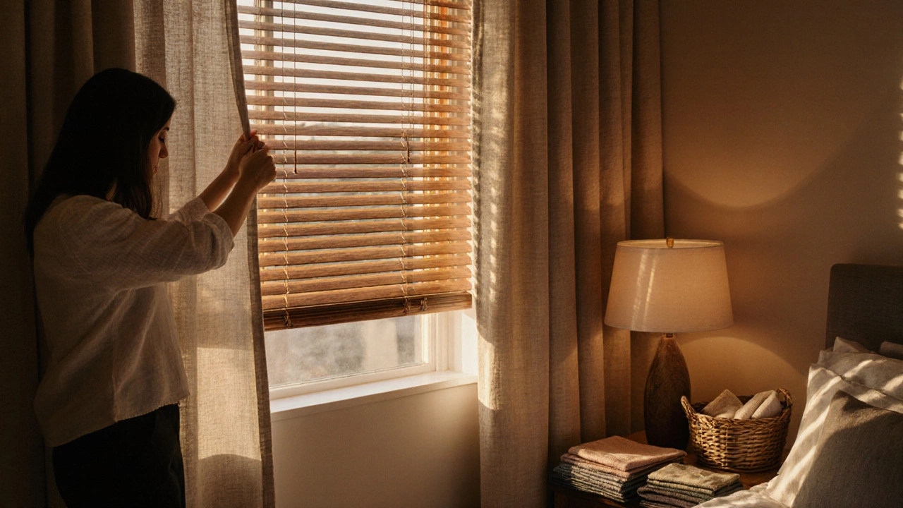 Bedroom scene showing a person adjusting wooden blinds beside linen drapes and fabric swatches.