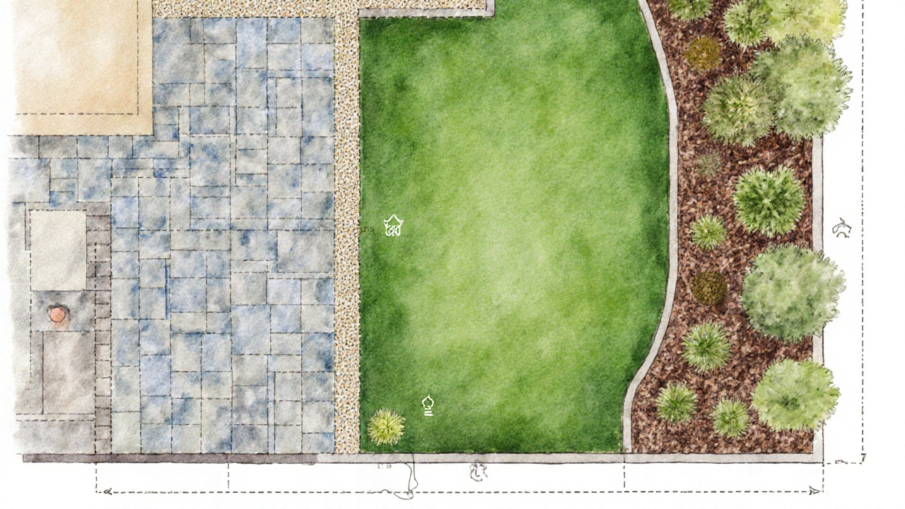 Bird's‑eye watercolor of patio, lawn, and planting bed with pavers, mulch, and shrubs.