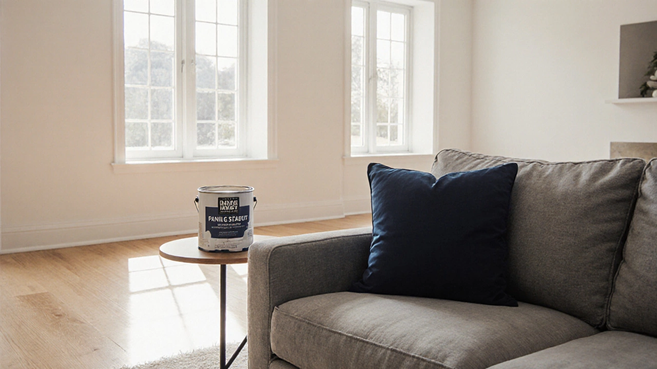 Bright living room with warm white walls, gray sofa, and subtle navy accent.