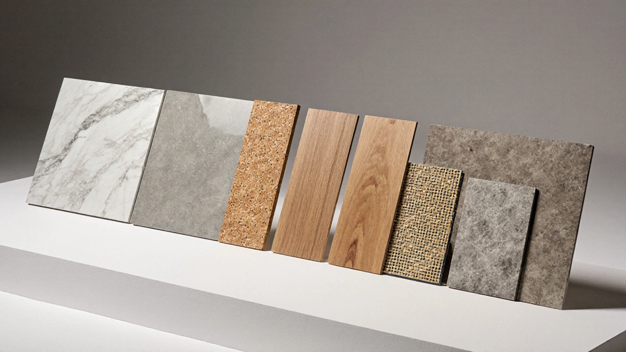 Close‑up display of various low‑maintenance flooring materials side by side.