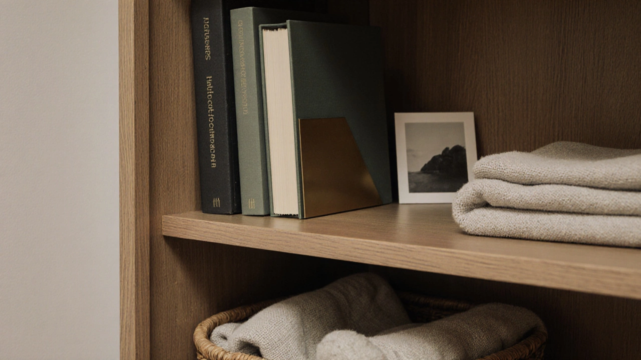 Close-up of a brass bookend holding books in neutral tones, with a photo and woven basket beneath, in warm natural light.
