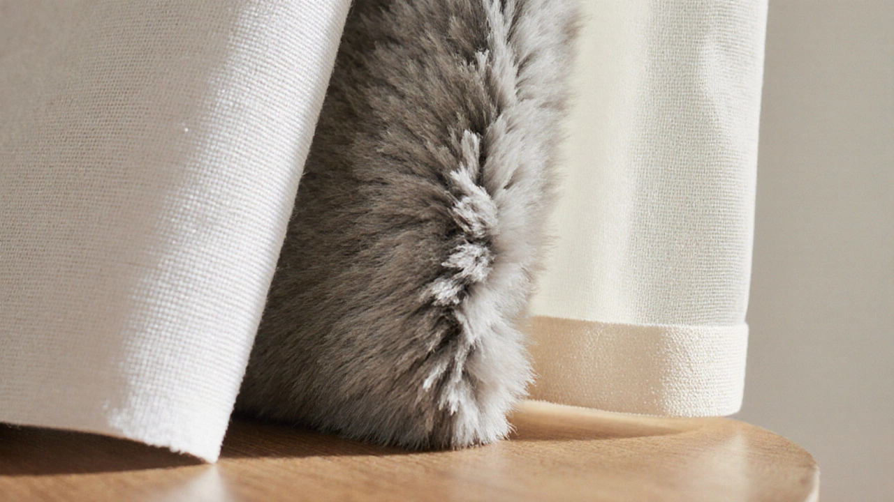 Close‑up of white linen, gray velvet, and ivory sheer fabric swatches on wood.