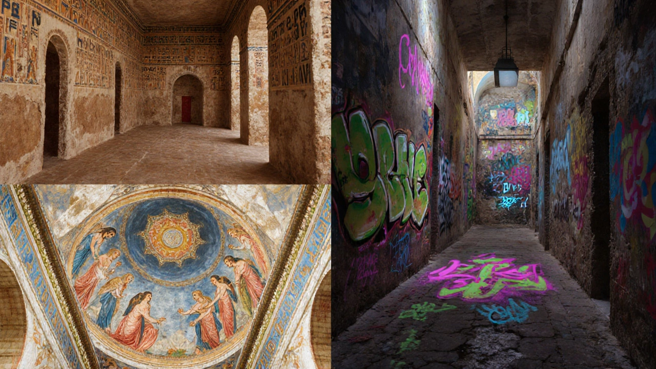 Collage of Egyptian tomb pigments, Roman fresco, Renaissance ceiling, and graffiti art.