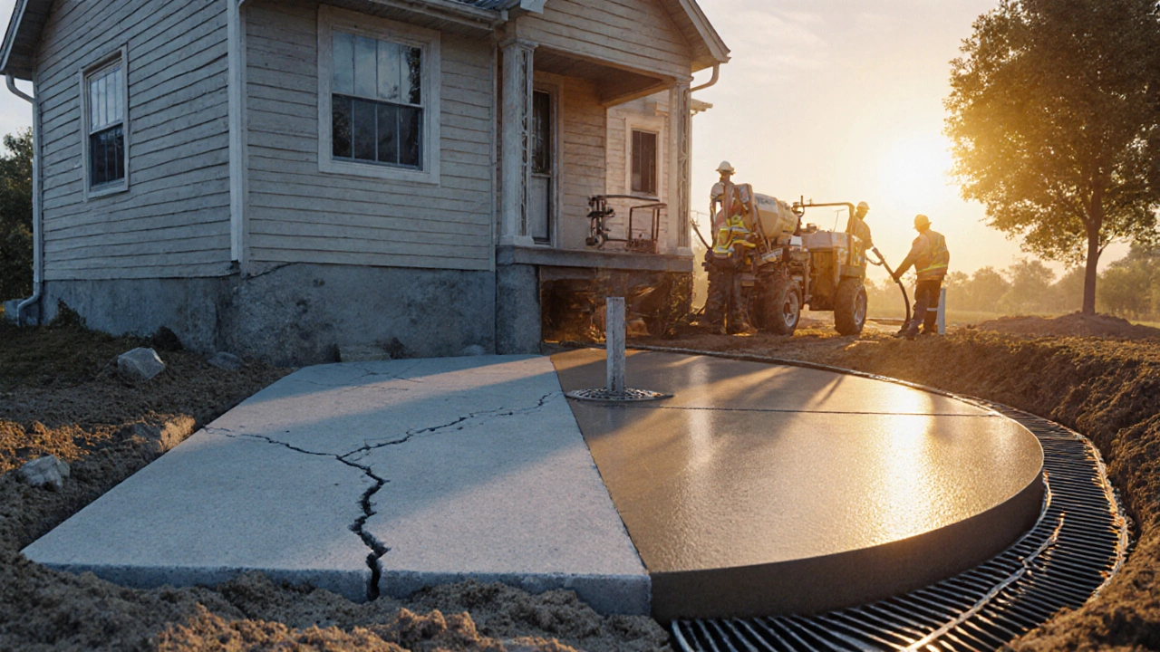 Concept art split view of a sagging slab and workers performing slab jacking and drainage installation.