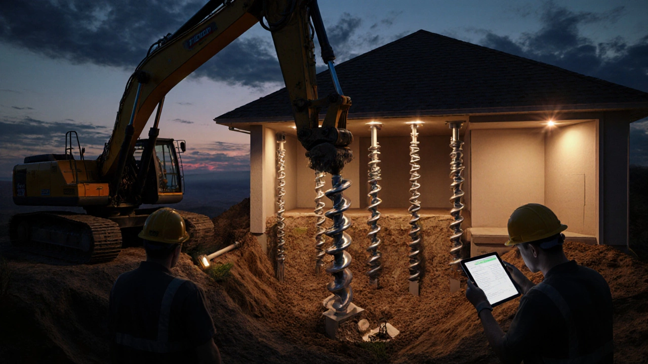 Construction crew installing helical piers and drainage under a house at dusk.