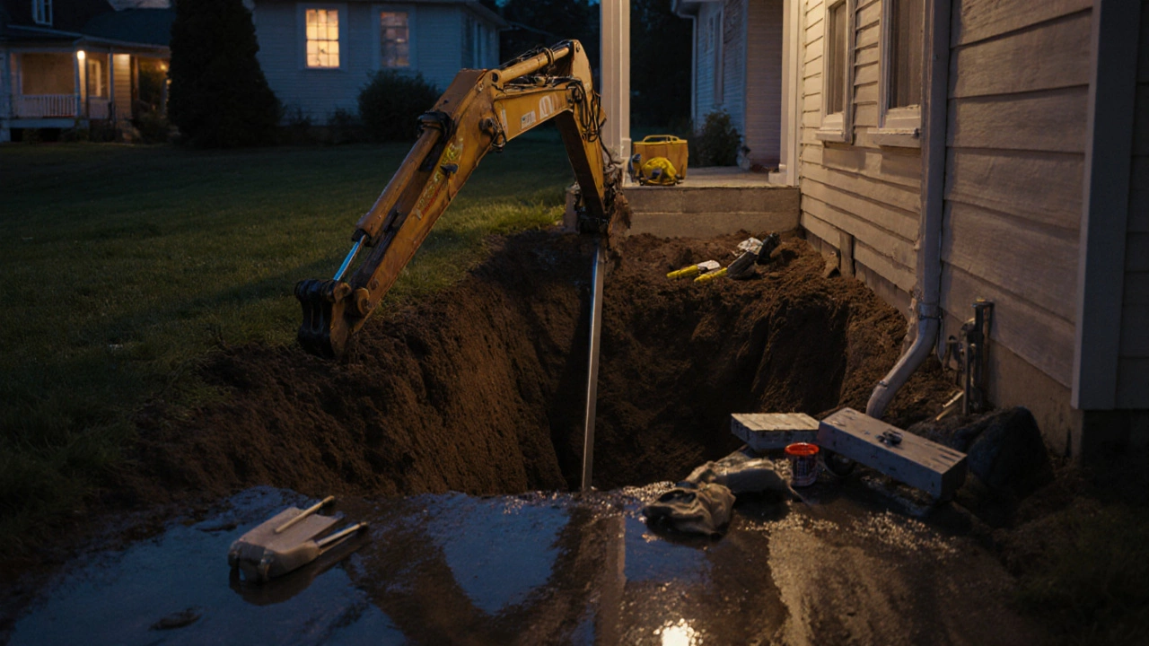 Contractor excavating beside a home's foundation to install steel support beam.
