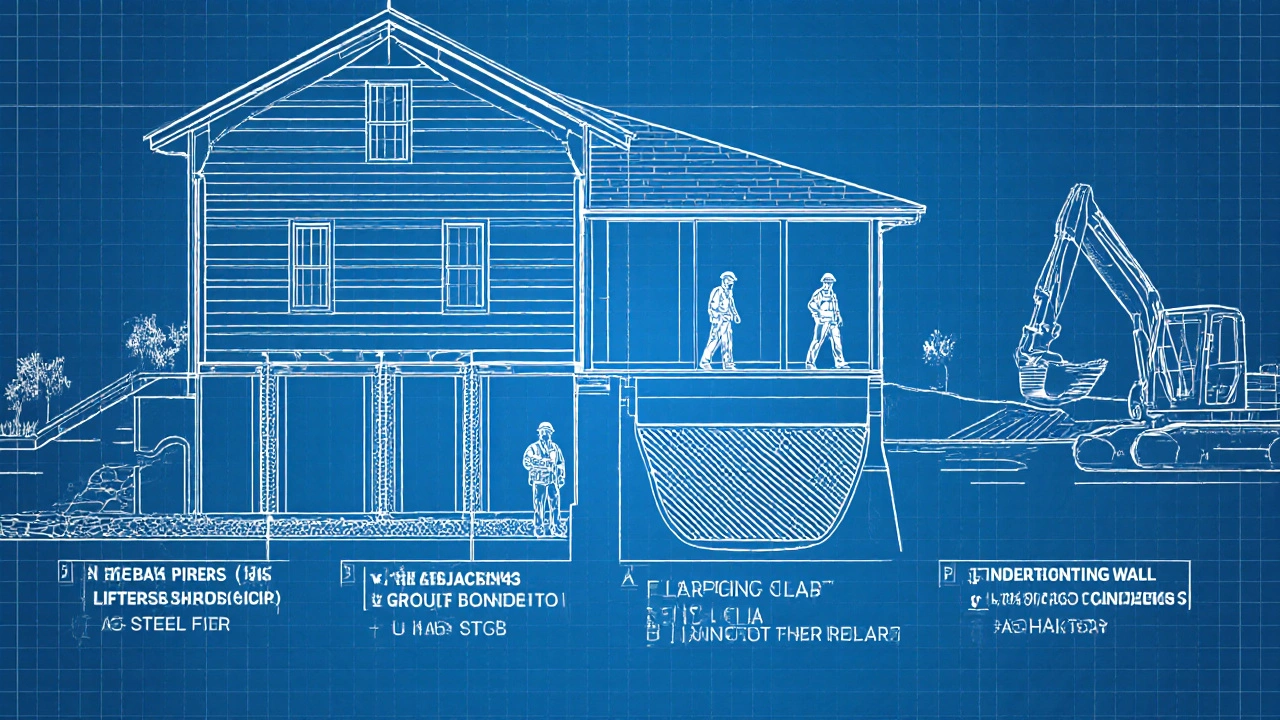 Cross‑section illustration showing piering, slabjacking, carbon fiber, and underpinning methods.