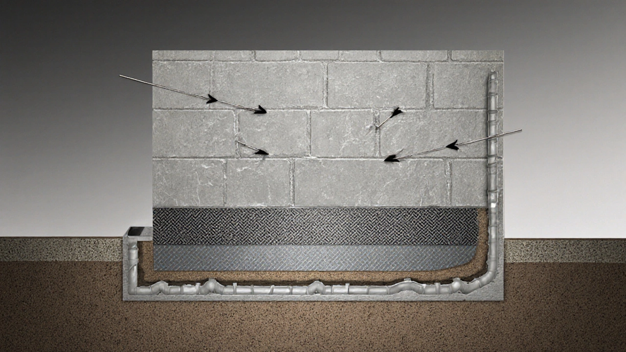 Cross-section of foundation wall reinforced with carbon fiber under soil pressure.