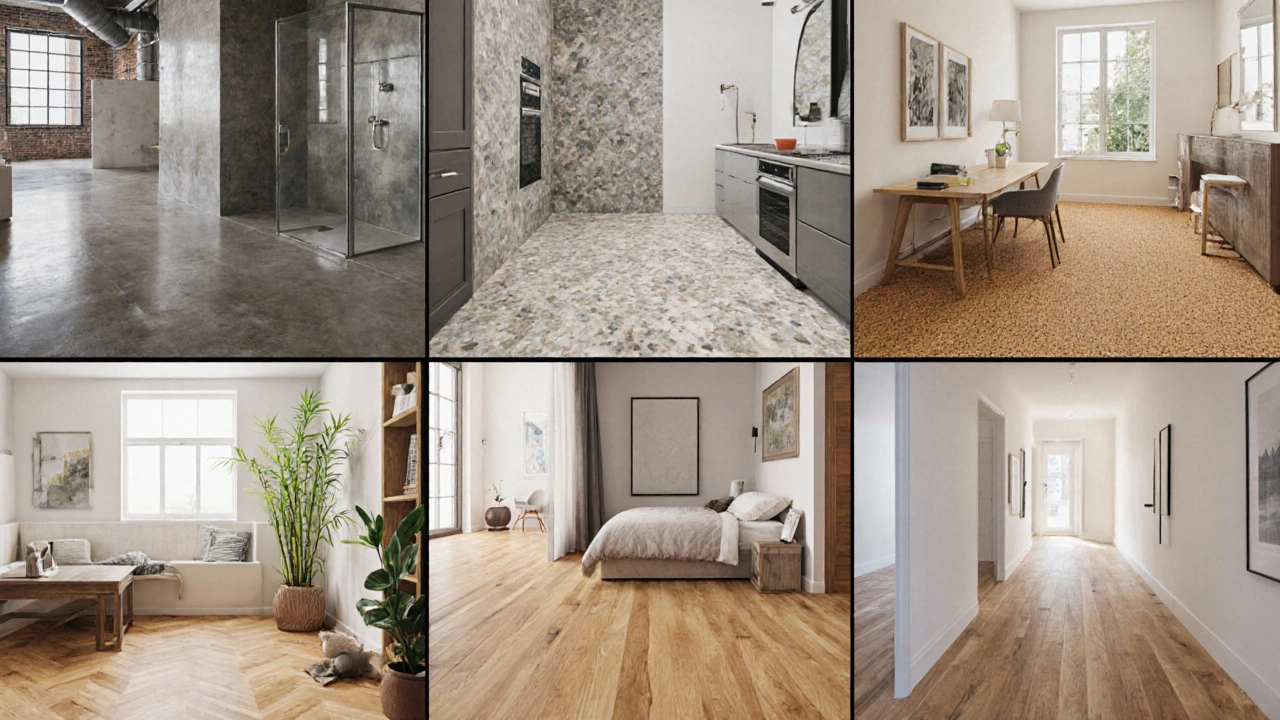 Eight-panel illustration displaying different timeless flooring materials in various room settings.