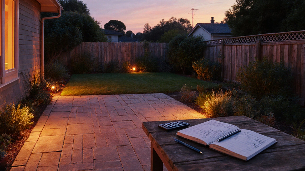 Evening garden with finished patio, reclaimed timber, native plants, and notebook on table.