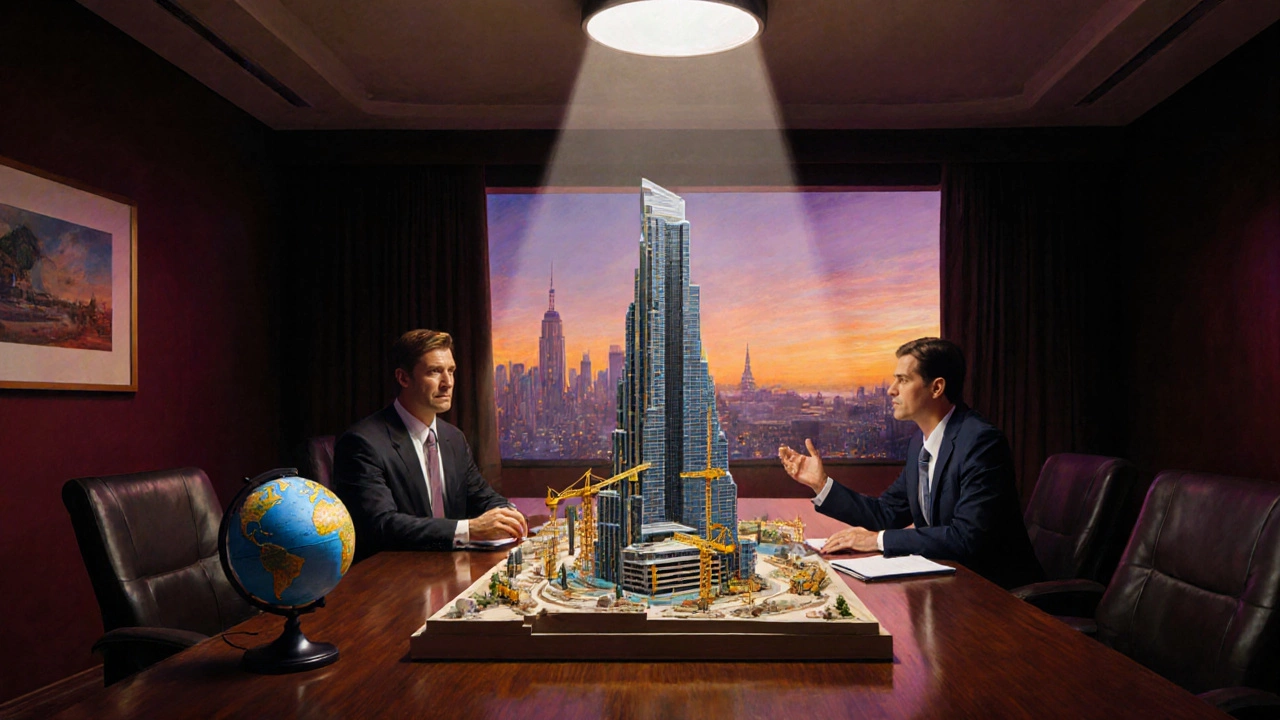 Executive boardroom with a scale model of a skyscraper and a globe under dramatic lighting.