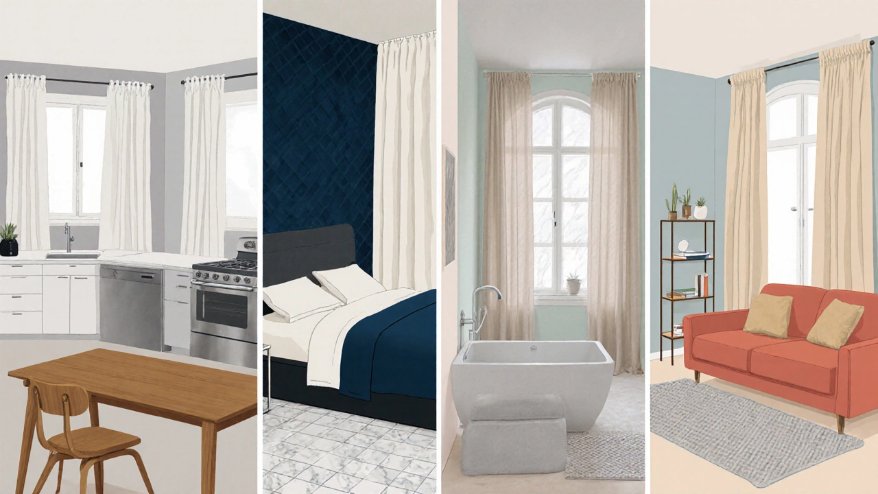 Five rooms each showing a different neutral curtain color matching the décor.