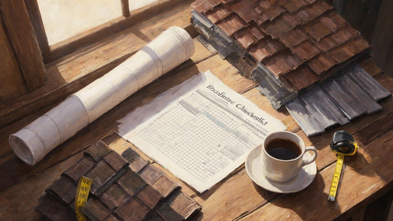 Flat lay of roofing materials, tools, and a blueprint on a wooden table.
