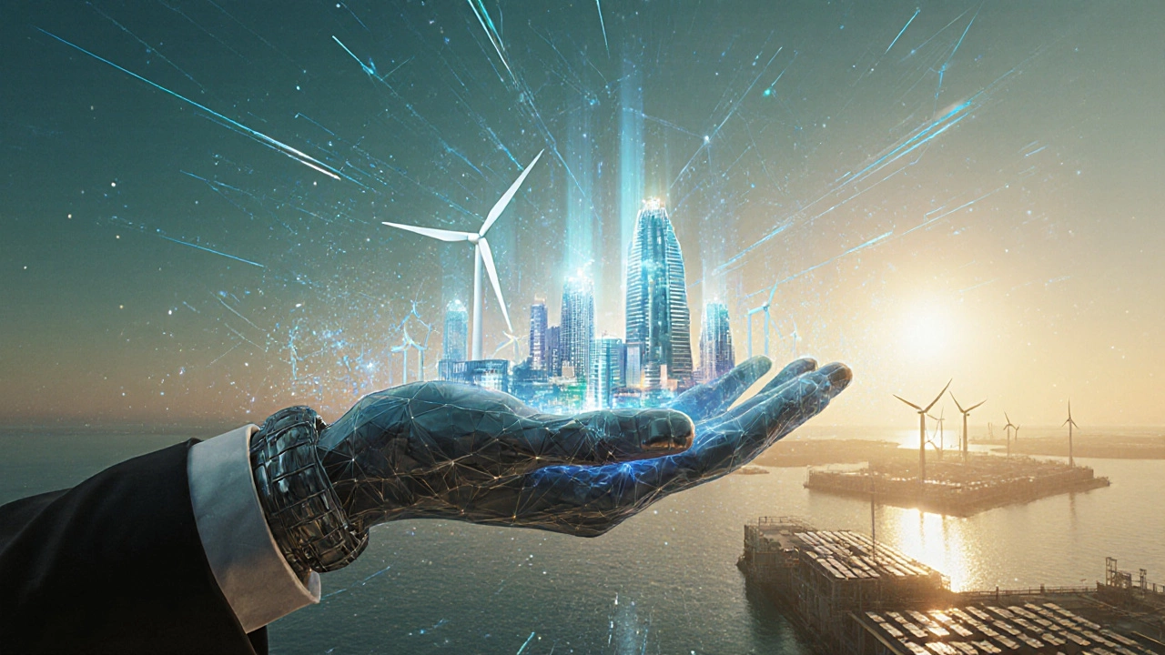 Futuristic city with wind turbines and carbon‑capture plants lifted by a glowing steel hand.