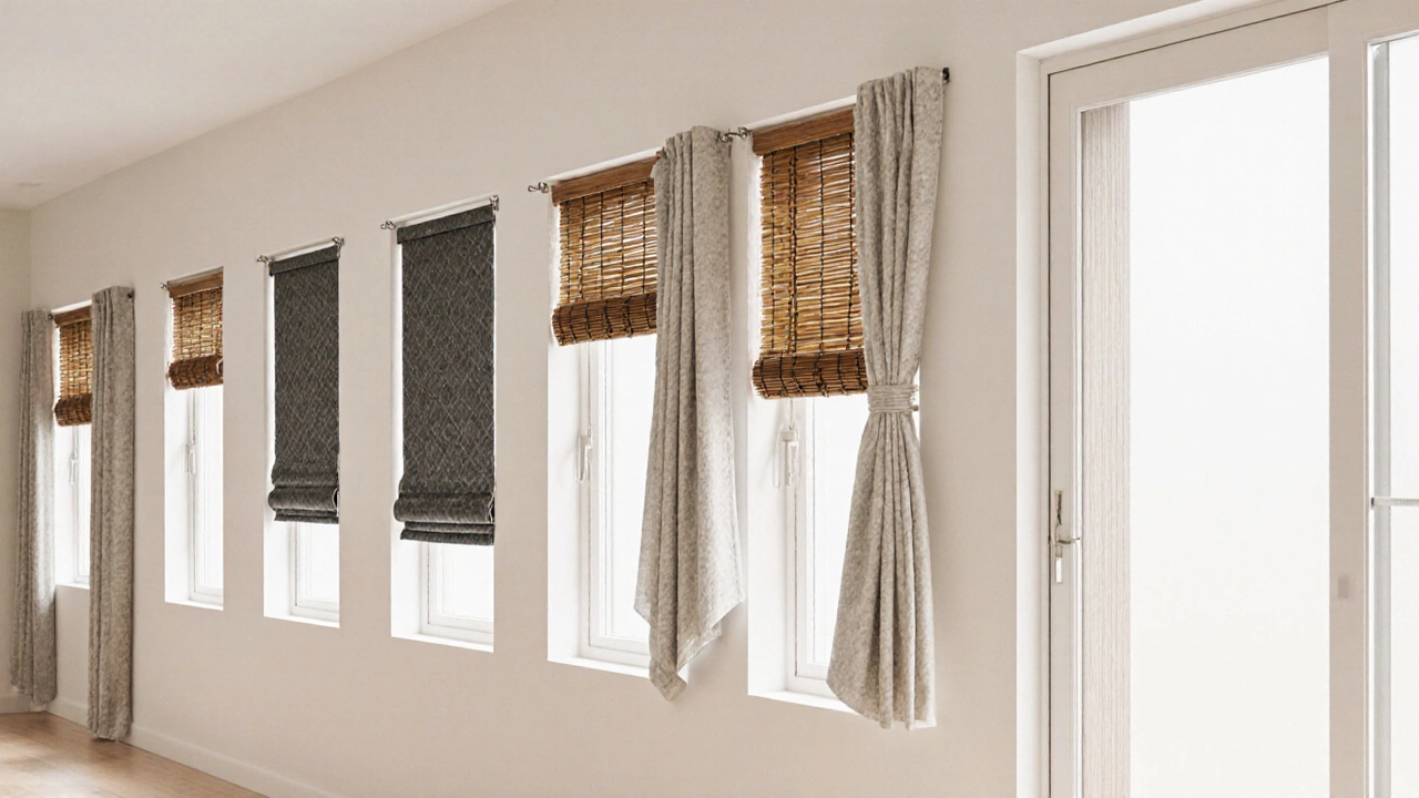Hallway with seven windows each featuring a different classic window covering.
