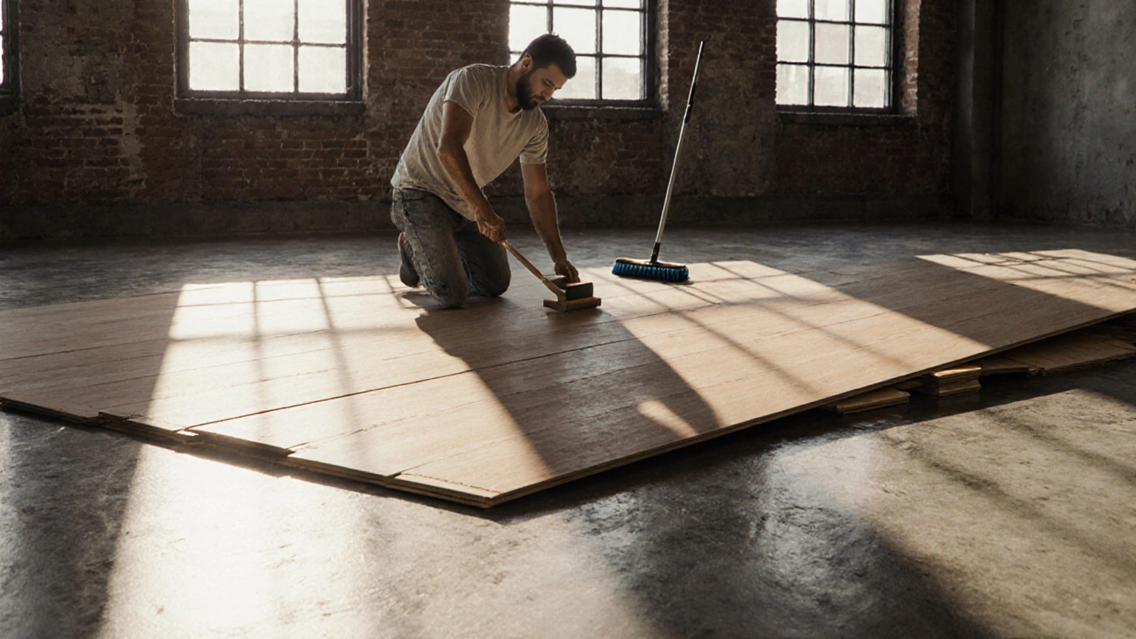 Homeowner installing click‑lock LVP flooring in a bright loft, mop nearby.