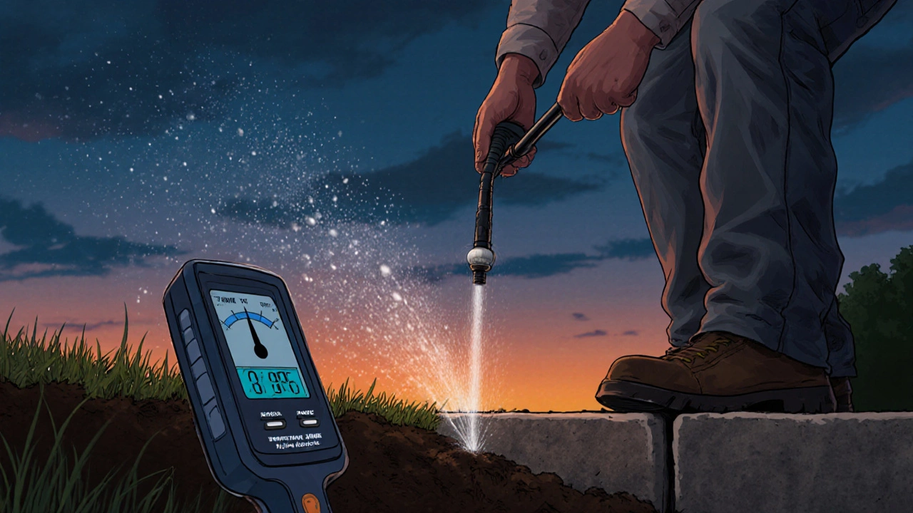 Homeowner misting foundation perimeter with a drip line at dusk.