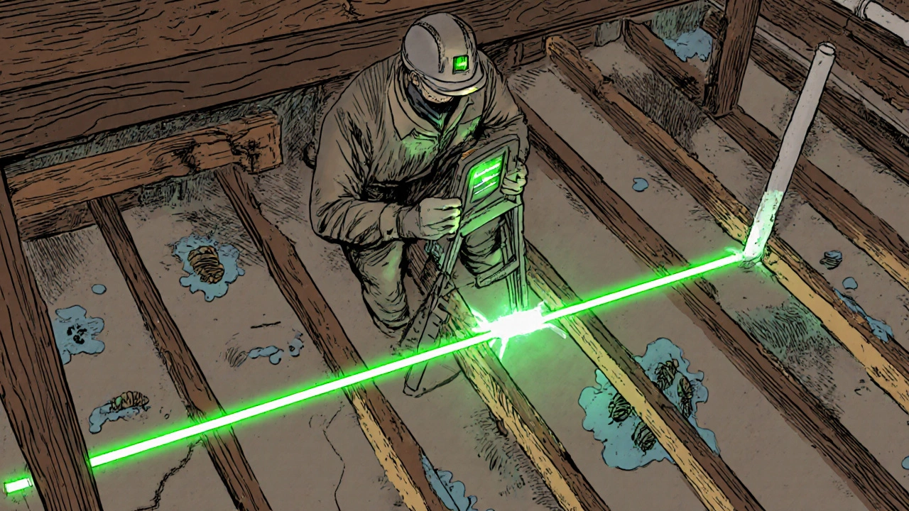 Illustrated crawlspace showing an inspector with a laser level, cracks, moisture, and termite damage.