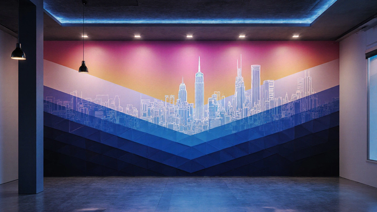 Interior with a wall mural of geometric color gradients and a city skyline silhouette.