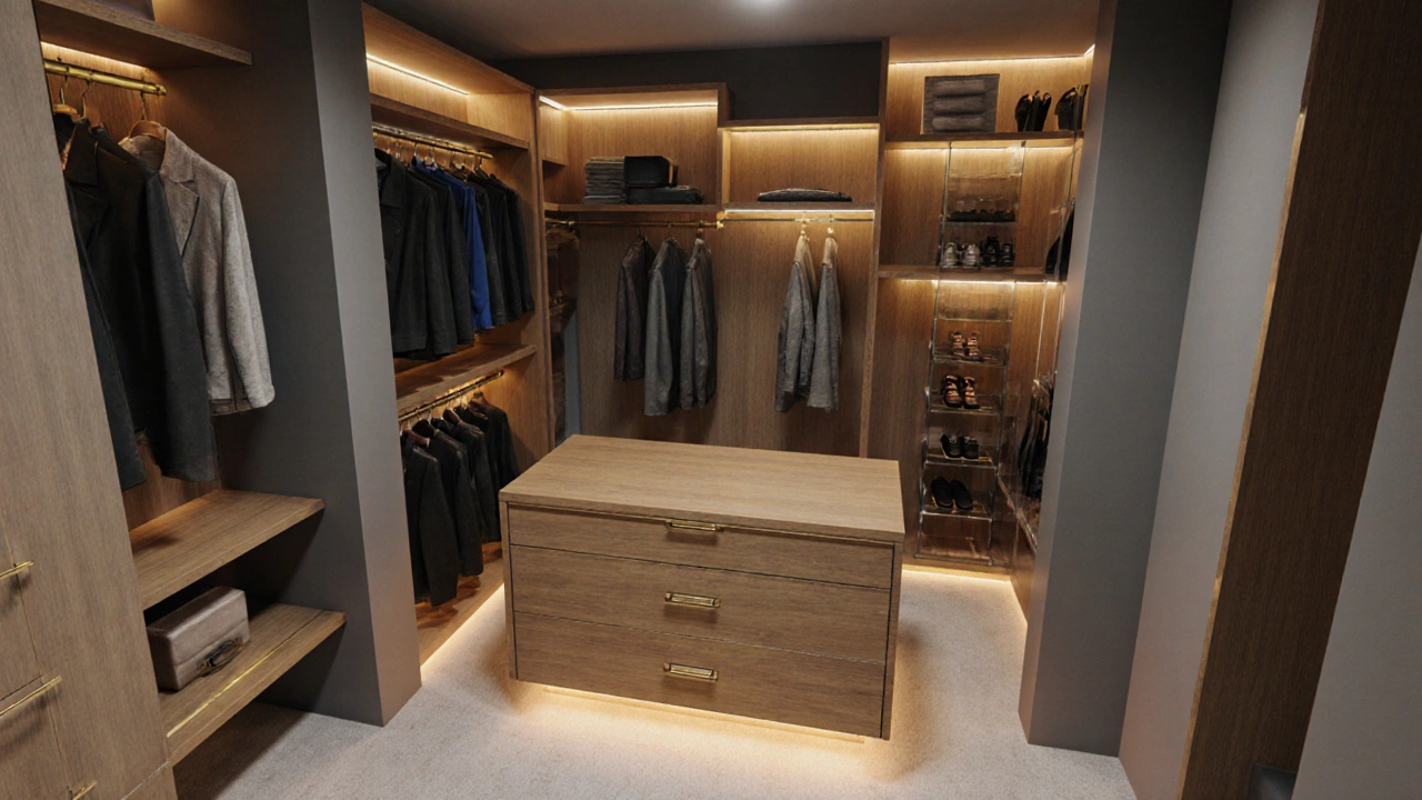 Isometric illustration of a walk‑in closet with hanging rods, shoe rack, island and LED lighting.