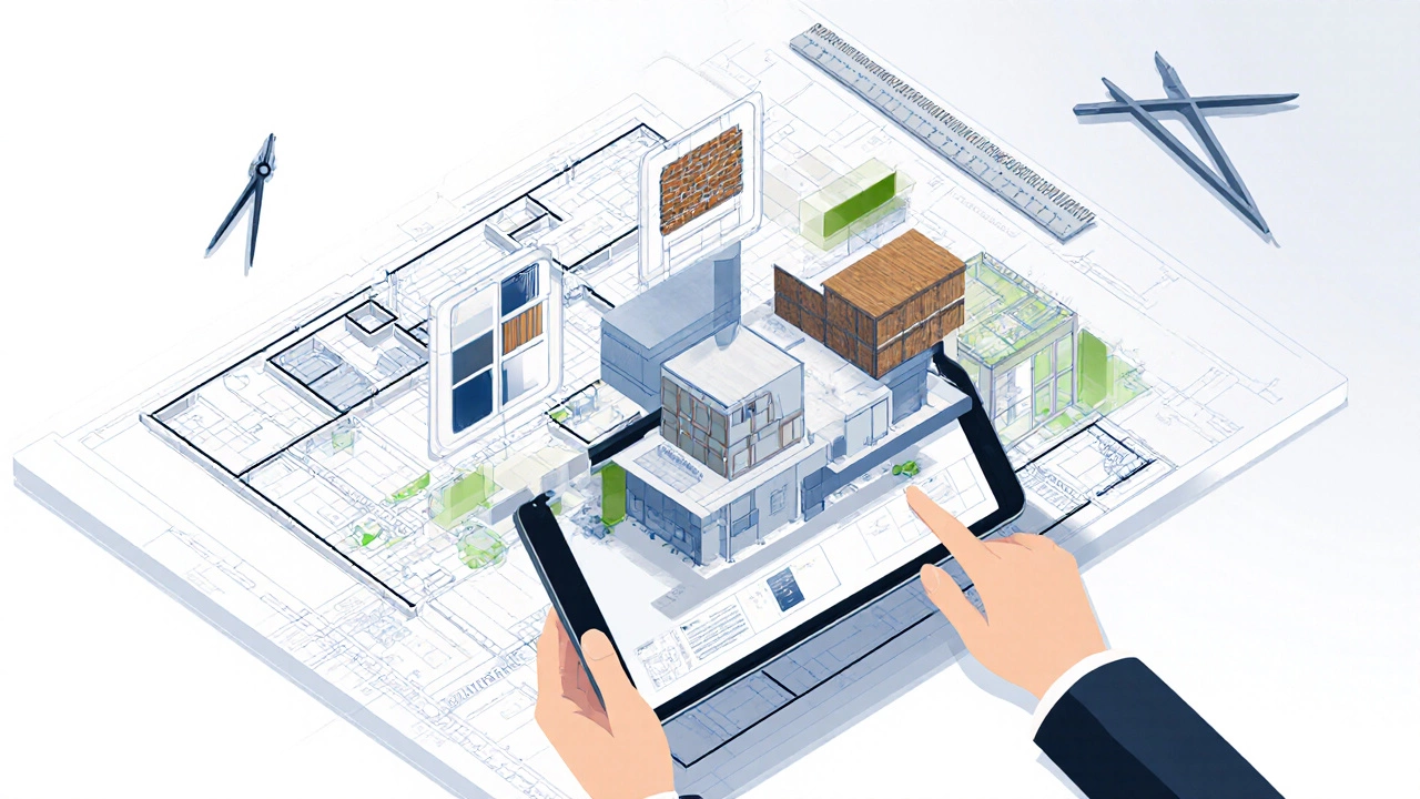 Isometric view of floor plans, elevations, and a tablet showing schematic designs.