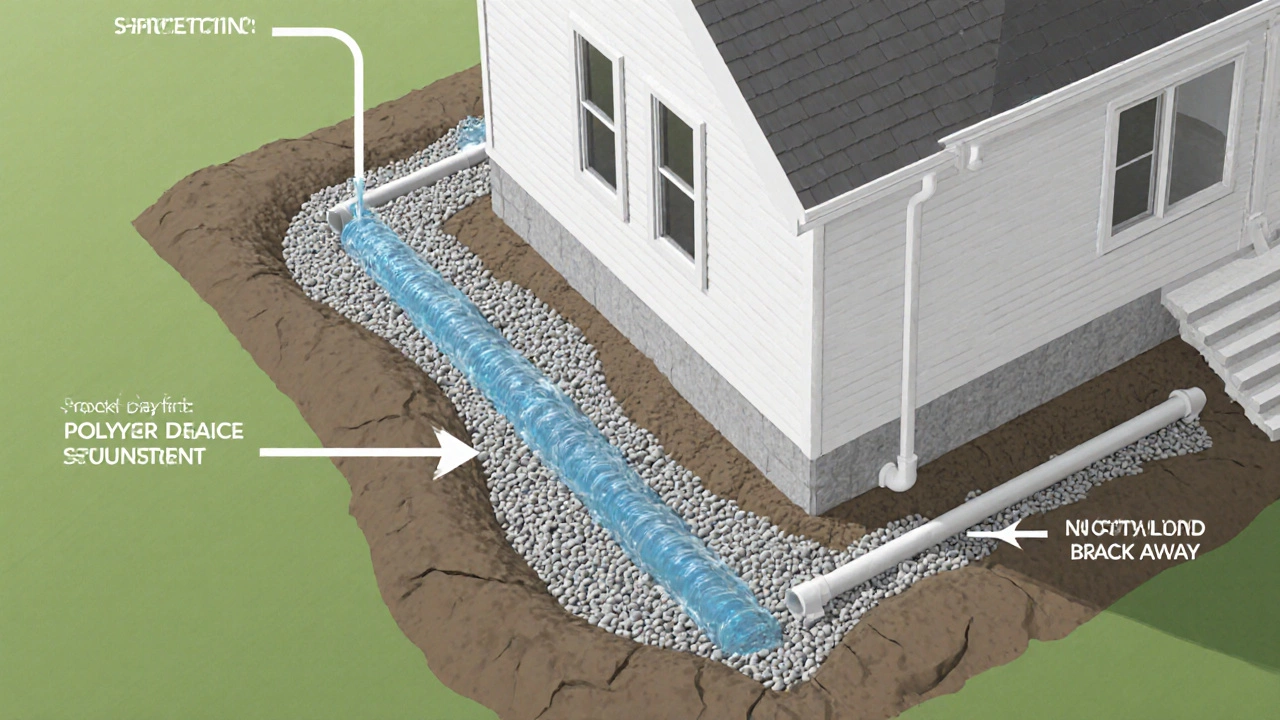 Isometric view of French drain, gutters, and backfill protecting a foundation.