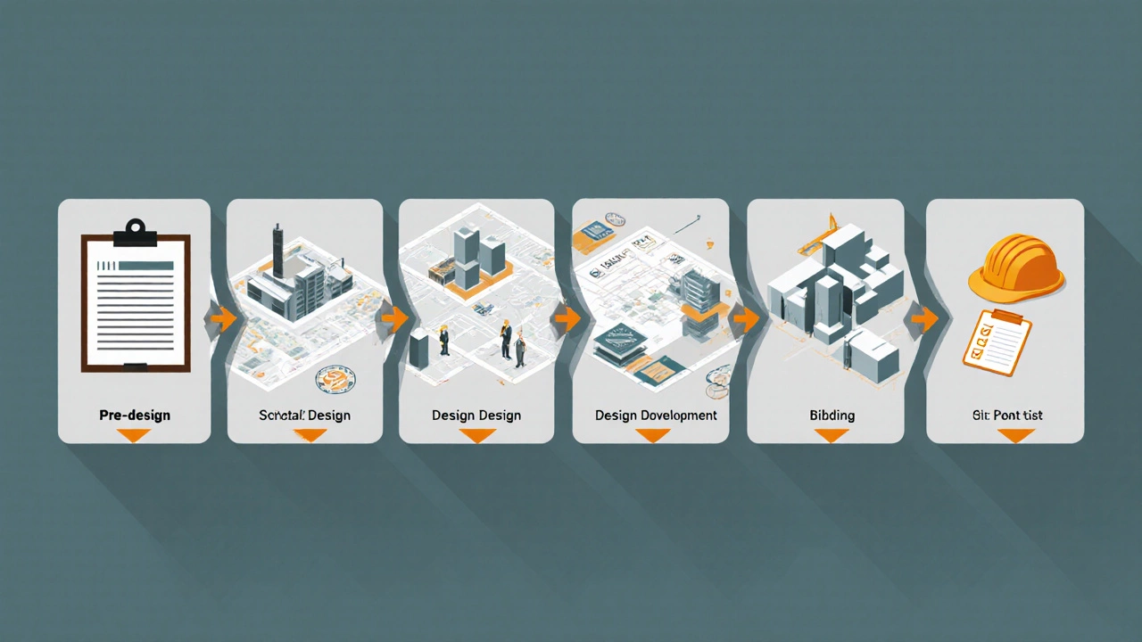 Isometric workflow showing six phases of architectural services with icons for each stage.