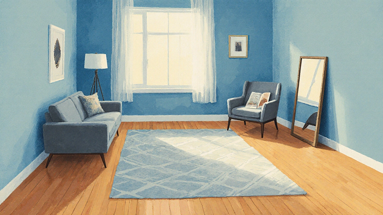 Living room rearranged with sofa, chair, floor lamp, and mirror reflecting window light.