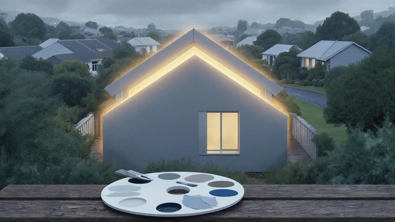 Modern house in soft gray with golden aura indicating value, set in Auckland suburb.
