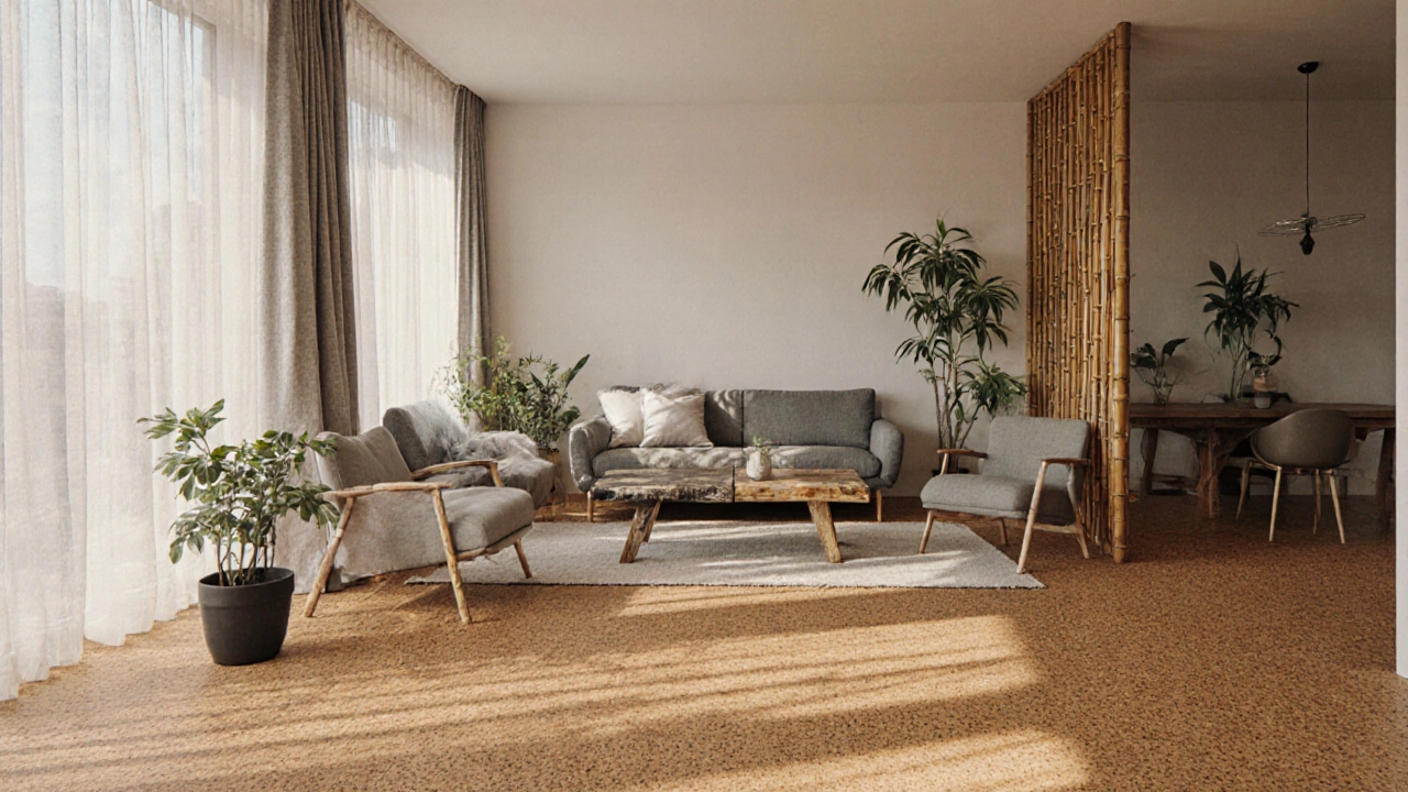 Modern interior featuring eco‑friendly cork and bamboo flooring with cozy, sustainable ambiance.