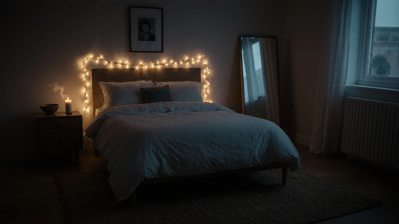 Nighttime bedroom lit by fairy lights behind the headboard, with a jute rug, framed photo, and mirror reflecting natural light.