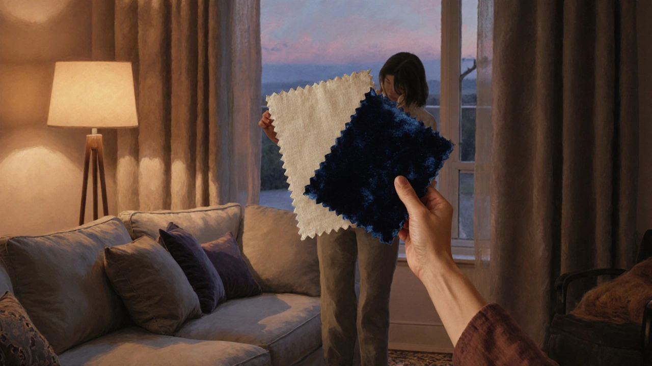 Person comparing fabric swatches beside a sofa with coordinated rug and pillows.