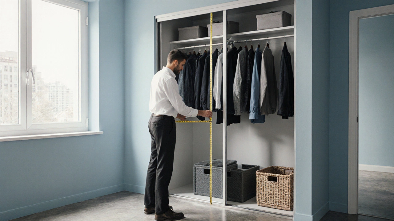 Renter measuring space next to an open wardrobe in a bright small apartment.