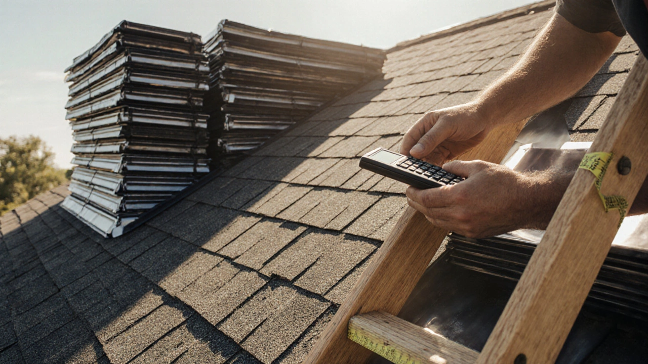 Roofer measuring a sloped roof with shingles and metal panels nearby.