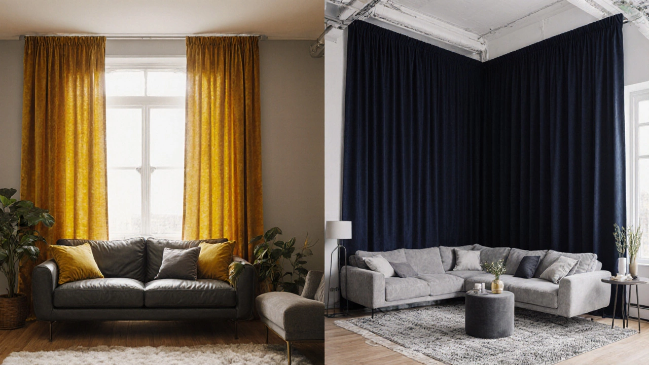 Side‑by‑side view of a charcoal couch with mustard curtains and a gray sectional with navy curtains.