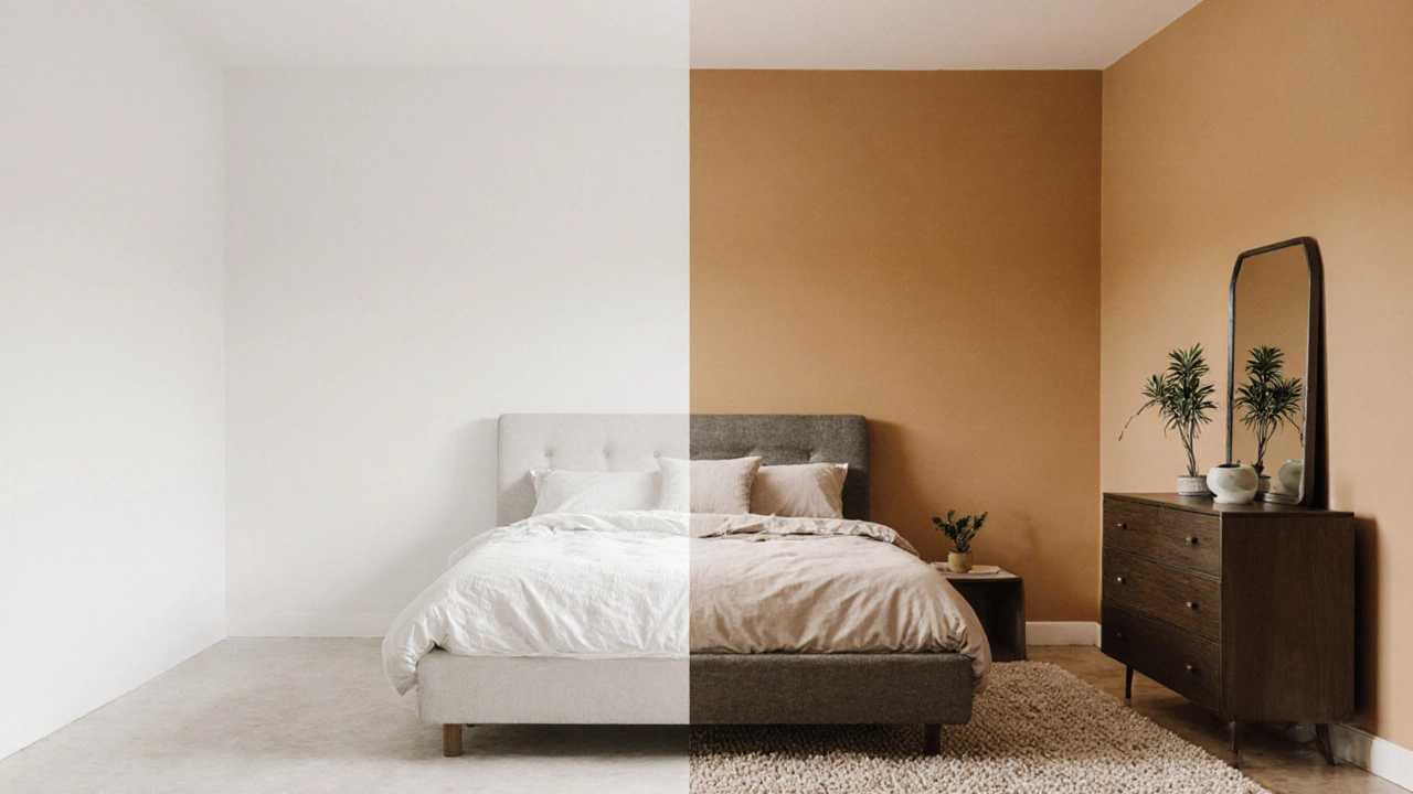 Split image showing a plain bedroom transformed into a warm, inviting space with minimal changes like rug, plant, and mirror.