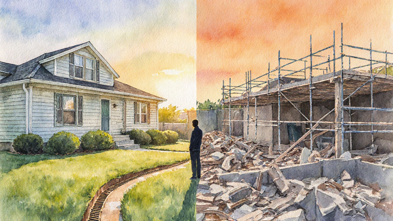 Split watercolor scene of a repaired home versus a demolition and new foundation.