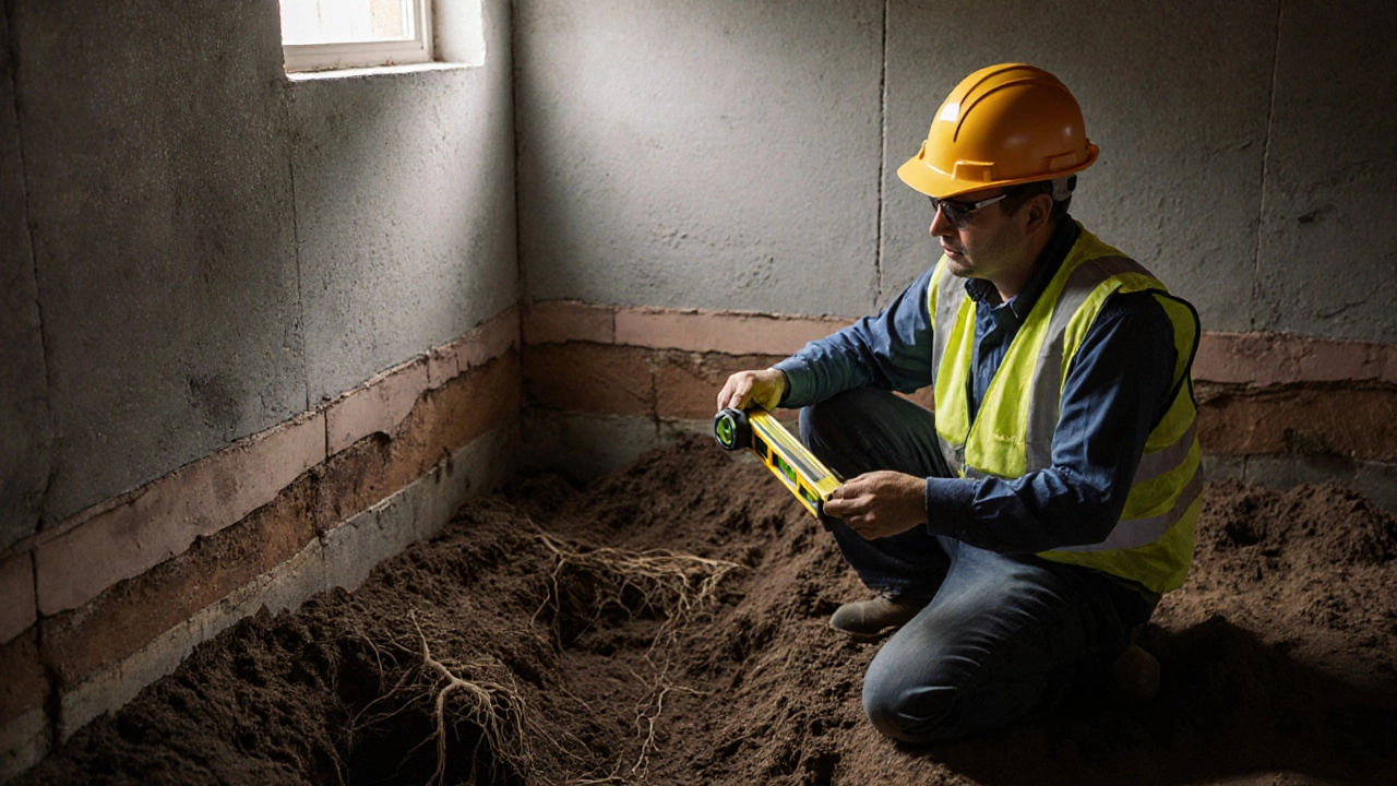 Structural engineer inspecting a bowing foundation wall with exposed soil and roots.