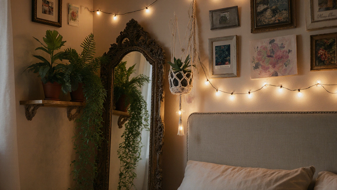 Transformed room featuring a leaning mirror, plants, and a DIY gallery wall in warm light.