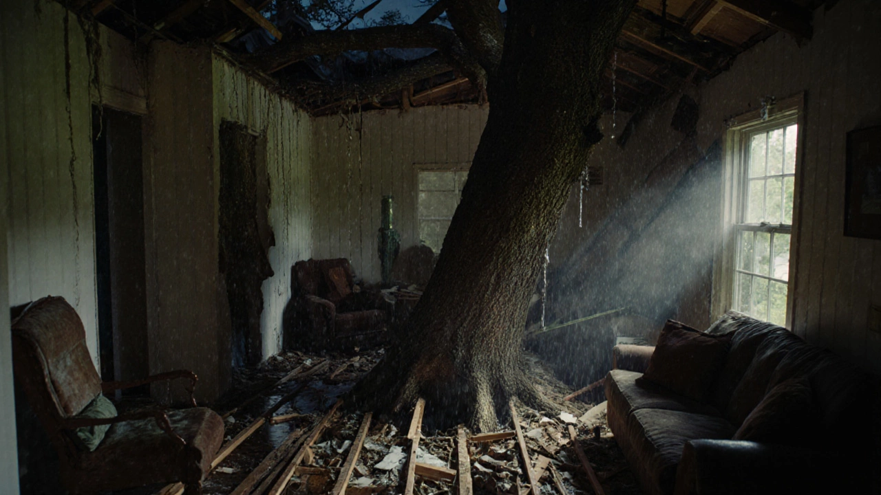 A tree has crashed through a roof, causing immediate floor collapse during a storm with water dripping from above.