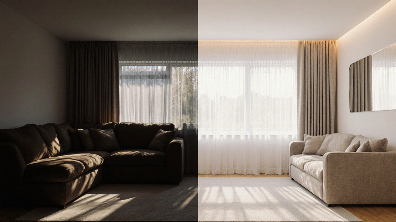 Before-and-after of a small room: dark sectional vs. light sofa, showing how color transforms perceived space.