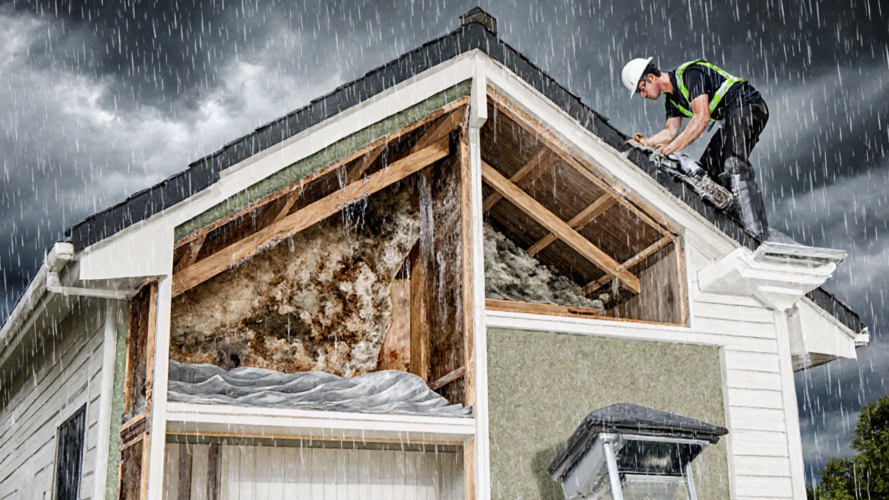 Cross-section of a house showing water damage and mold inside the roof structure, with a roofer repairing it above.