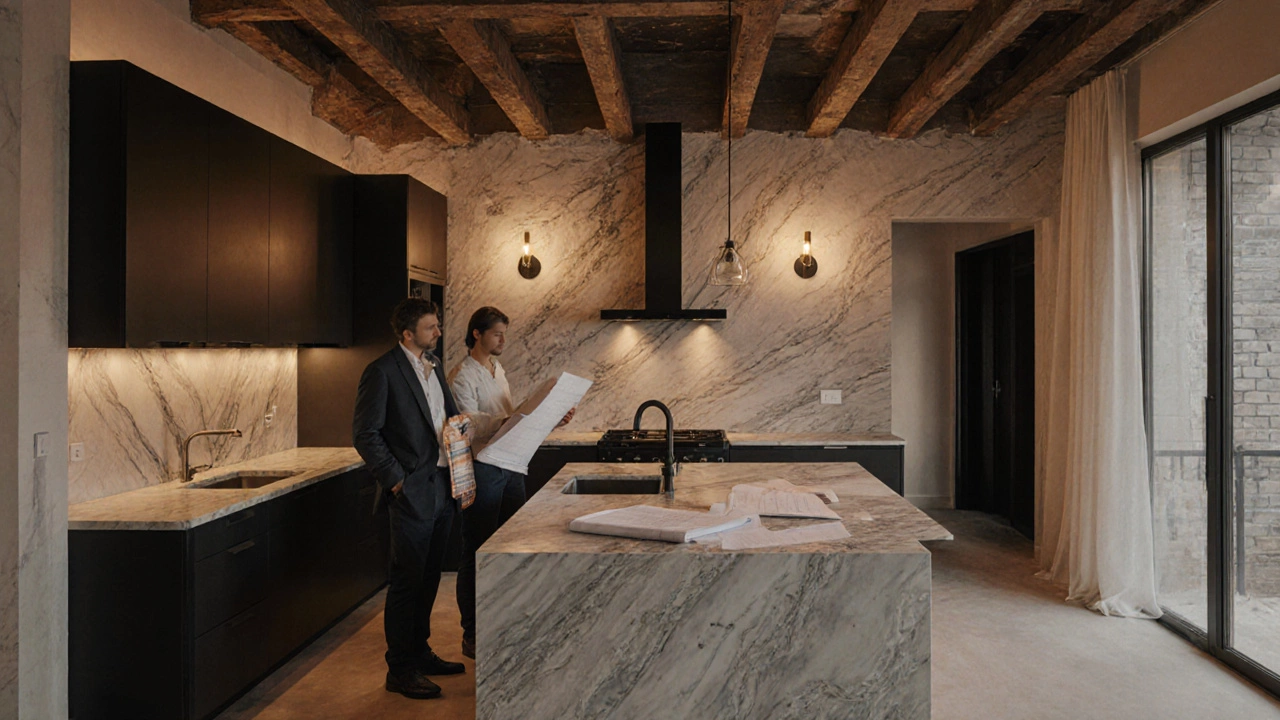 Designer and contractor reviewing blueprints during a luxury kitchen renovation with modern finishes.