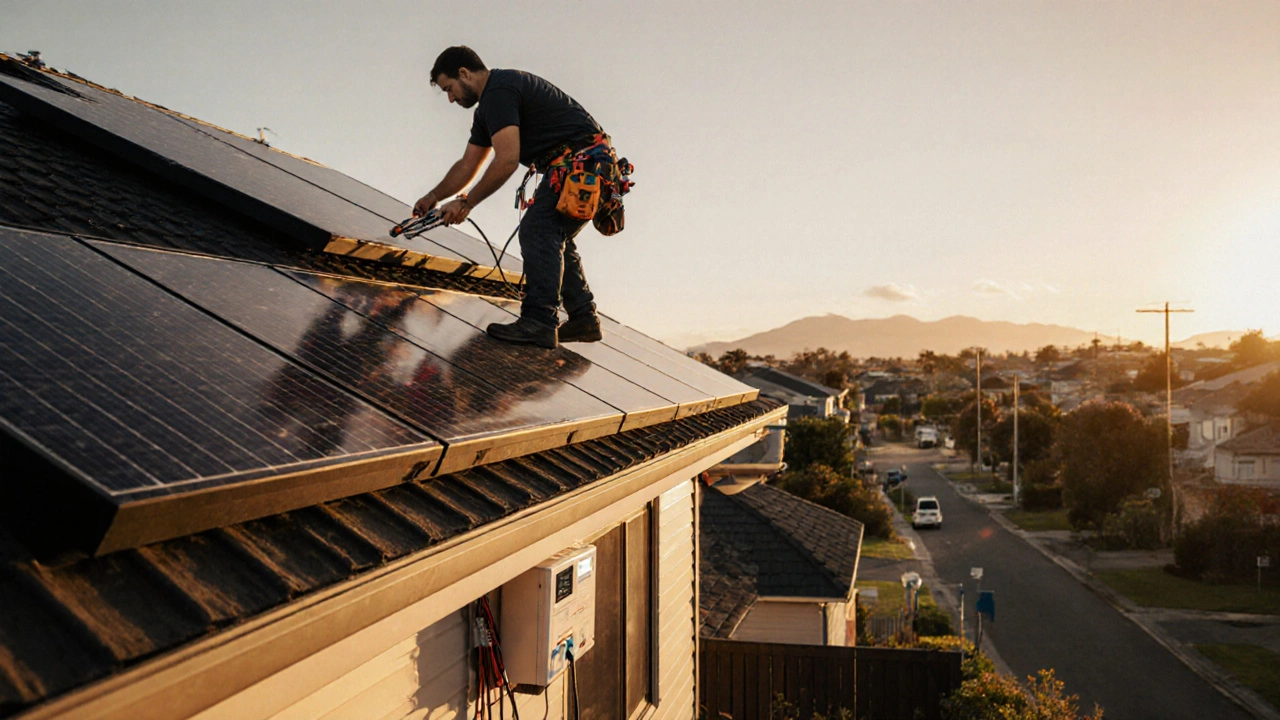 Electrician installing solar panels on a home at sunset, energy monitor visible on his belt.