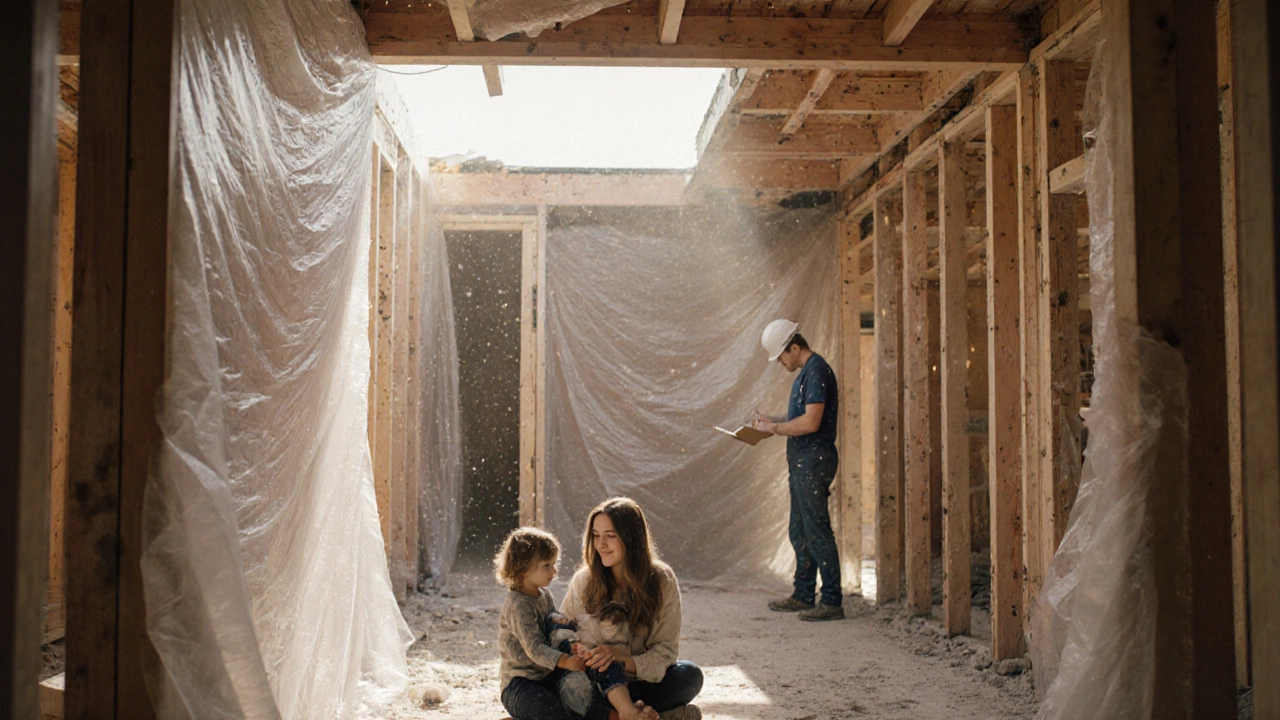 Family in a dusty living room during home renovation, with new extension under construction behind them.