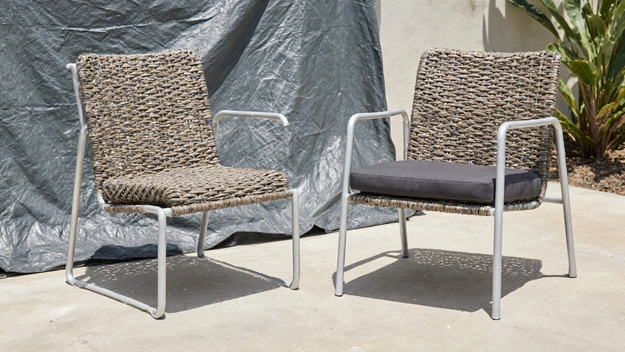 HDPE wicker chairs untouched by hailstorm damage, standing on a patio with breathable cover nearby.