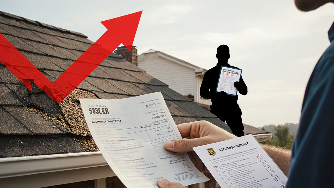 Homeowner holding a high energy bill next to a sagging roof, while a professional roofer appears behind them.